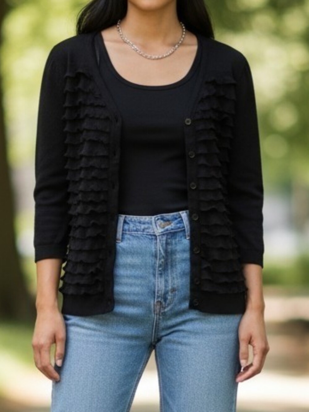 Anthropology Bordeaux Los Angeles Black Ruffle Top, Medium
